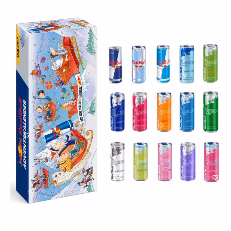 Calendrier de l’Avent Red Bull 2026 avec assortiment de canettes Red Bull